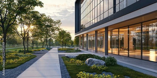 A corporate headquarters with clean lines, minimalist landscaping, and large windows.