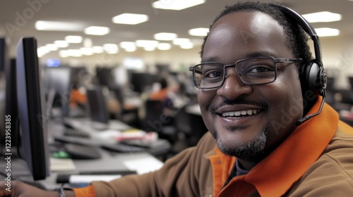 Smiling Customer Service Agent in a Call Center Setting with Bright Overhead Lights and Focused Team Members Delivering Exceptional Support