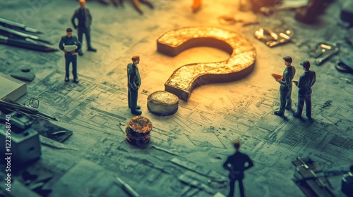 Whimsical Collage of Desk Items Forming a Big Question Mark with Miniature Employees Gathered Around on a Midday Glow