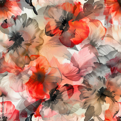 Cute large flowers in shades of red and gray watercolor seamless pattern. Watercolor print in rustic vintage style, textile or wallpapers.