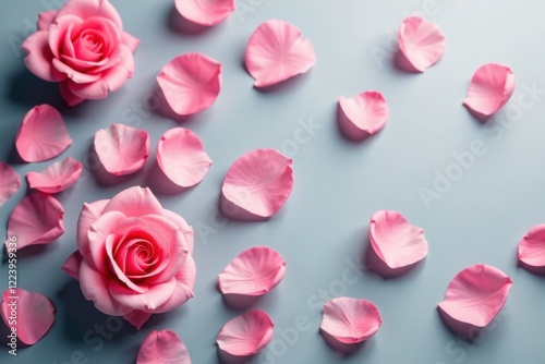 Soft pink rose petals scattered on a grey background, gentle, delicate