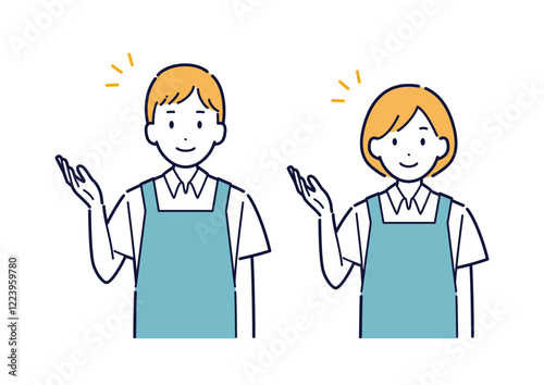 提案をするエプロンを着た男女のイラスト＿上半身