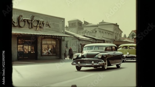 Vintage urban scene depicting classic architecture and automobiles on a bustling city street in the mid-20th century, showcasing people and historic fashion styles.