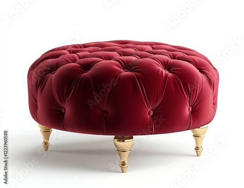 Red velvet tufted round ottoman on gold legs.