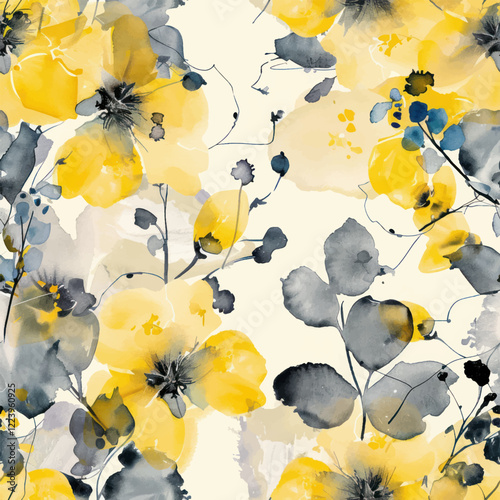 Cute yellow and gray floral pattern on a cream background watercolor seamless pattern. Watercolor print in rustic vintage style, textile or wallpapers.