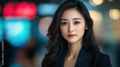 Wallpaper Mural confident woman with long, dark hair and stylish outfit poses for close up portrait, exuding professionalism and elegance in blurred background Torontodigital.ca