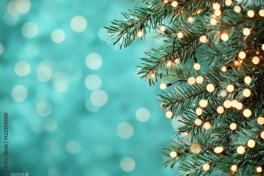Luminous Fir Branch with Warm Holiday Lights and Teal Bokeh Background Luminous Fir Branch with Warm Holiday Lights and Teal Bokeh Background