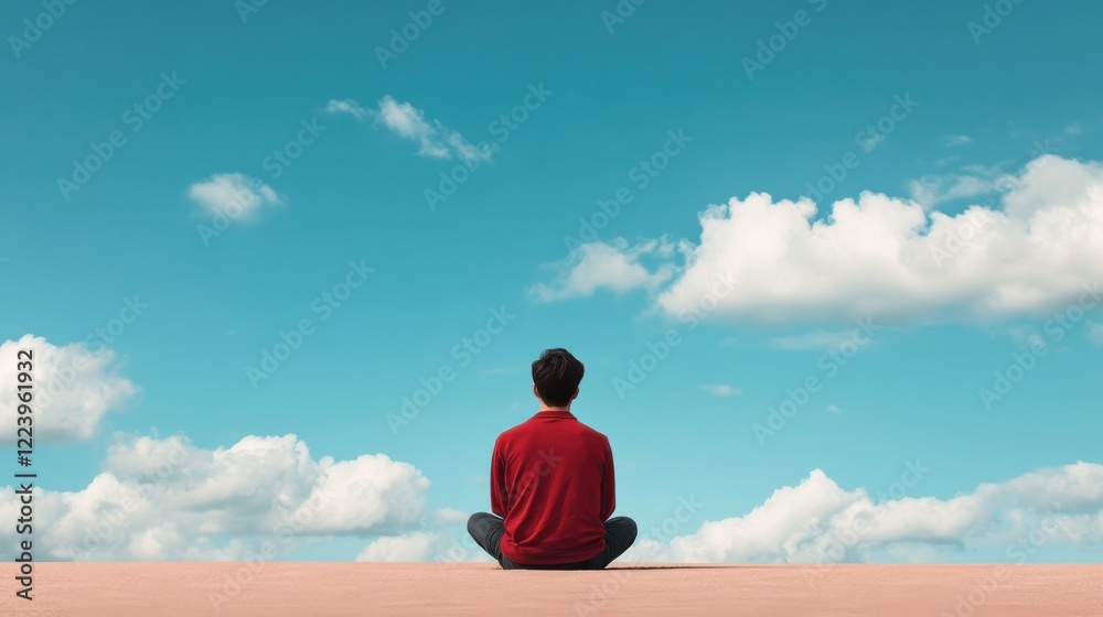 A person sits calmly looking at a vast blue sky adorned with fluffy clouds, evoking a sense of tranquility and introspection.