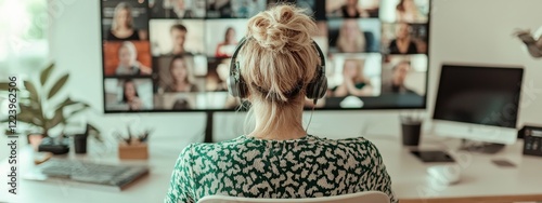 Focused Young Woman Attending Virtual Conference with Multiple Speakers on a Large Computer Monitor