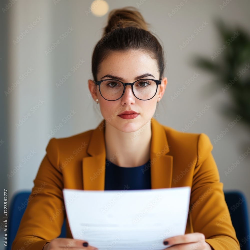Professional Woman Reviewing Documents in Modern Office with Relaxed Yet Focused Expression Professional Woman Reviewing Documents in Modern Office with Relaxed Yet Focused Expression