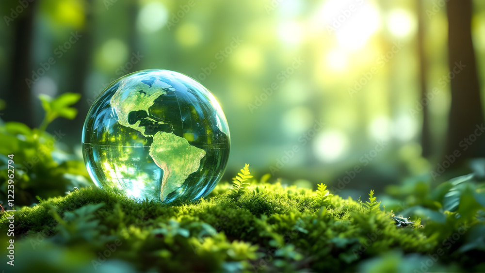 Green globe on moss in forest, environmental concept, earth day, save trees, forest day, global warming. Green globe on moss in forest, environmental concept, earth day, save trees, forest day, global warming.