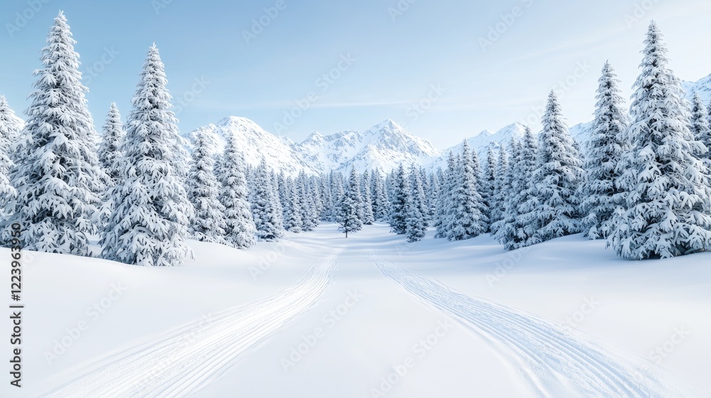 Snowy mountain forest path; winter landscape; serene background; ideal for travel brochures Snowy mountain forest path; winter landscape; serene background; ideal for travel brochures