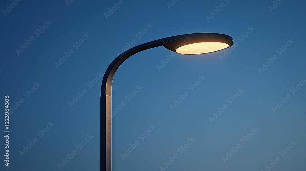 Street lamp with a curved arm and a glowing bulb photographed during dusk against a clear blue background Street lamp with a curved arm and a glowing bulb photographed during dusk against a clear blue background