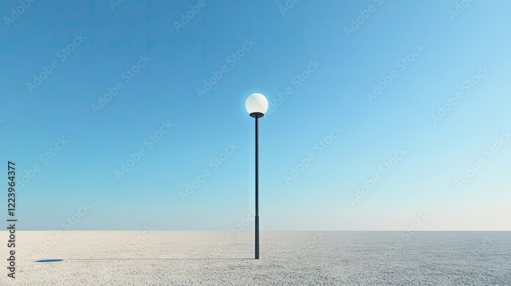 Street lamp with a globe-shaped bulb, centered against a vast expanse of a clear blue sky Street lamp with a globe-shaped bulb, centered against a vast expanse of a clear blue sky