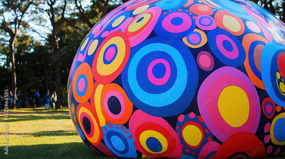 A close-up of a giant balloon being inflated at an outdoor event, with vibrant colors and patterns.