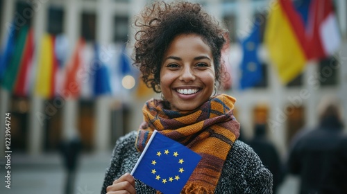 A happy immigrant woman, holding a small EU flag with both hands and smiling outside a government building with European flags in the background.
