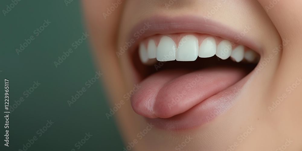 Obraz premium Woman showing perfect white teeth and sticking out tongue: close-up of oral health and dental hygiene