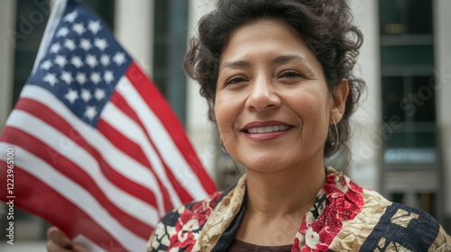 A happy immigrant woman in her 30s, holding a U.S. flag with both hands and smiling outside a building with the American flag behind her.