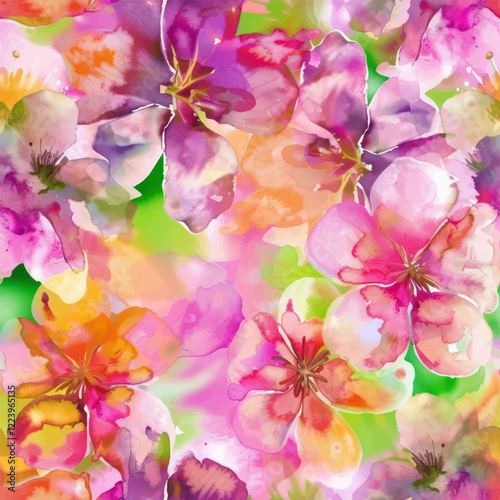 Cute blooming flowers in shades of pink, purple, and yellow watercolor seamless pattern. Watercolor print in rustic vintage style, textile or wallpapers.
