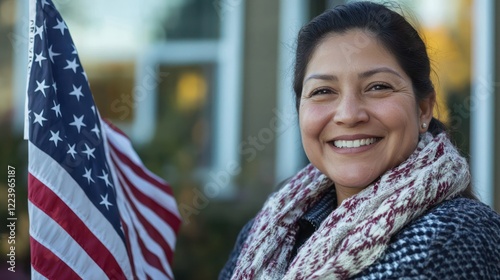 A happy immigrant woman in her 30s, holding a U.S. flag with both hands and smiling outside a building with the American flag behind her.