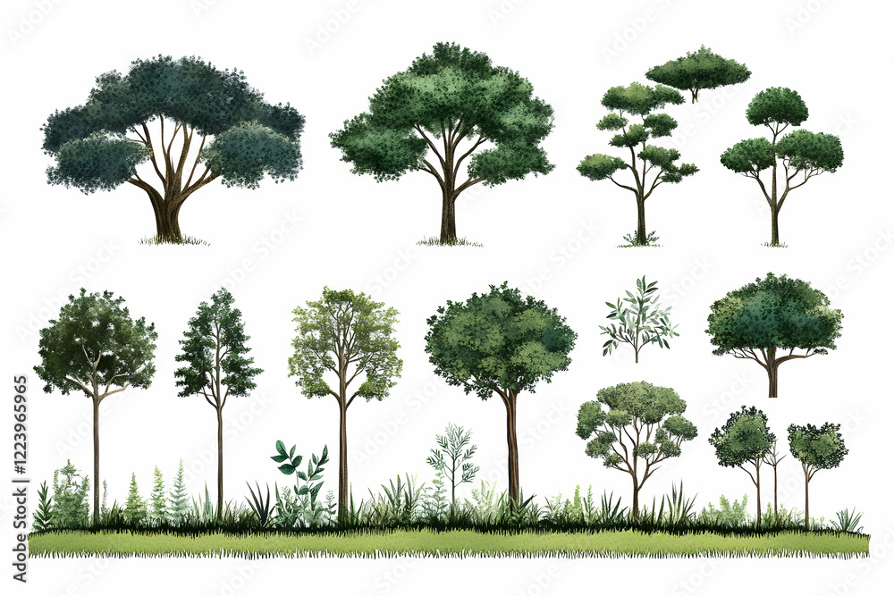 Fototapeta premium Diverse trees, landscape design, greenery, nature illustration, website