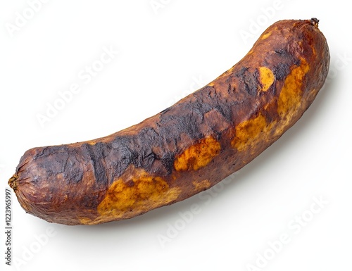 Grilled sausage, slightly burnt, isolated on white background. photo