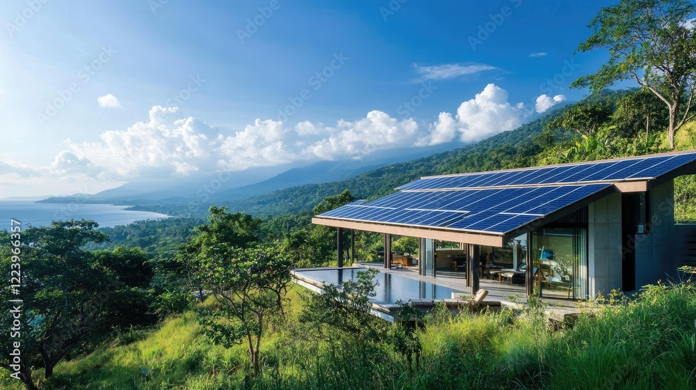 Tilted solar panels on a hillside, blending with a serene blue sky and lush green surroundings Tilted solar panels on a hillside, blending with a serene blue sky and lush green surroundings