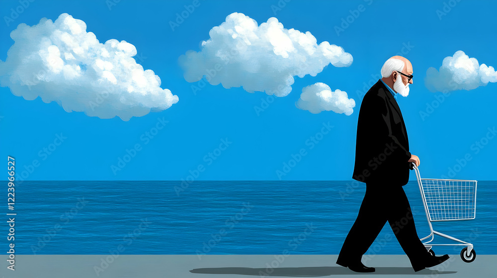 Elderly man, shopping cart, ocean, sky, retirement Elderly man, shopping cart, ocean, sky, retirement