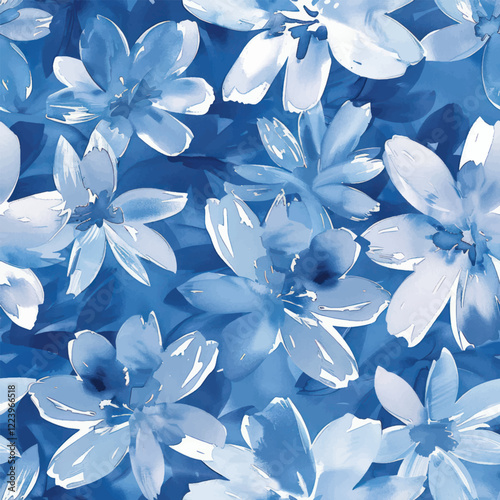 Cute  blue and white flowers, with transparent petals watercolor seamless pattern. Watercolor print in rustic vintage style, textile or wallpapers.
