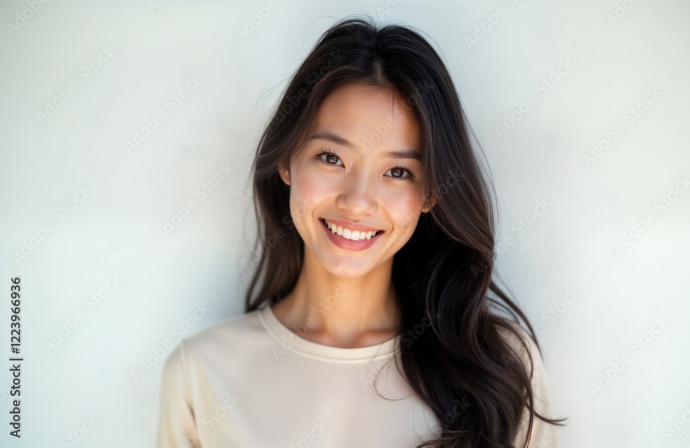 Smiling Asian woman poses in studio. Attractive lady with smooth skin, beautiful smile. Studio light, white background. Modern portrait captures beauty, healthy skin. Fashionable, positive. Happy Smiling Asian woman poses in studio. Attractive lady with smooth skin, beautiful smile. Studio light, white background. Modern portrait captures beauty, healthy skin. Fashionable, positive. Happy