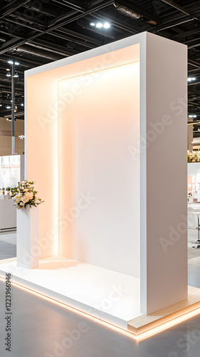 modern freestanding trade show booth with blank walls and soft lighting, perfect for showcasing products or services