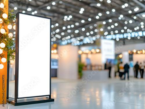 Large blank banners on spacious exhibition booth with blurred background