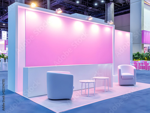 modern trade show booth featuring vibrant pink backdrop, white furniture, and clean design, perfect for showcasing products