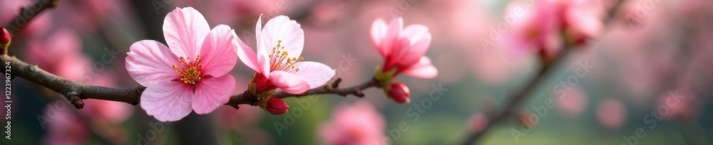 Soft pink sakura petals scattered on a tree branch, branches, greenery Soft pink sakura petals scattered on a tree branch, branches, greenery