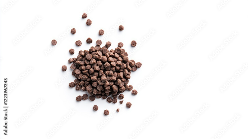 Top-down view of dry dog food pellets in a small, natural pile on a white background with soft shadows Top-down view of dry dog food pellets in a small, natural pile on a white background with soft shadows