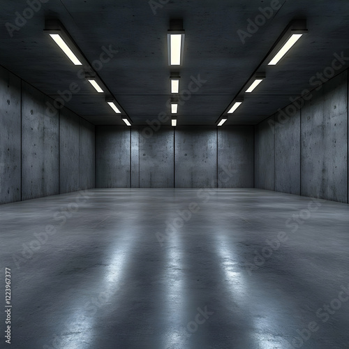 Empty concrete room, lights reflect, industrial background, perfect for product display