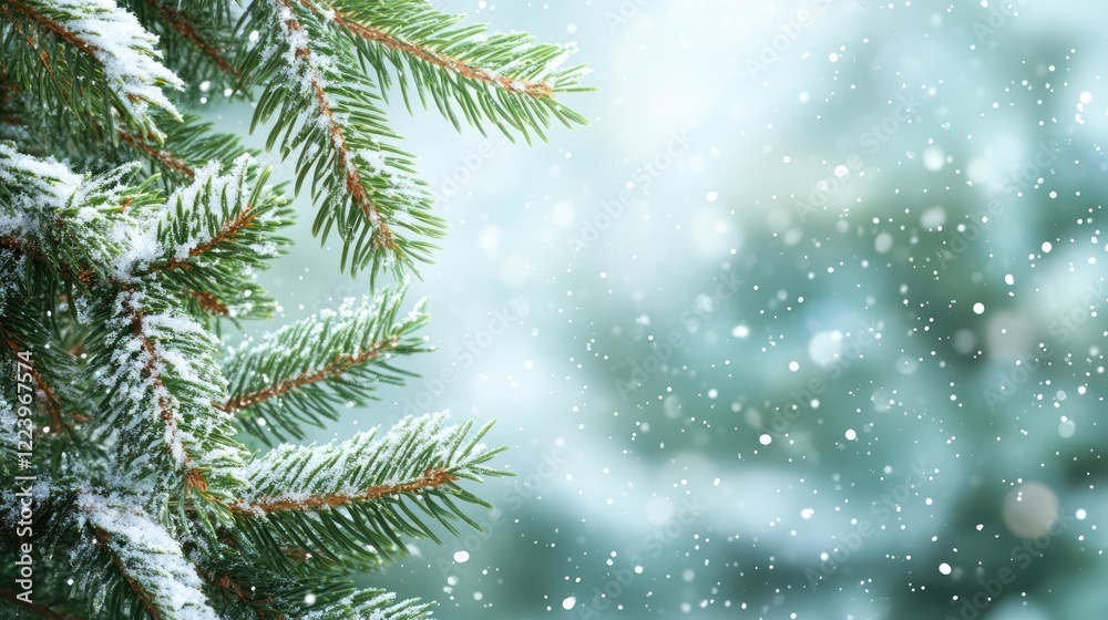Snow-covered pine branch against a blurred winter background. Snow-covered pine branch against a blurred winter background.