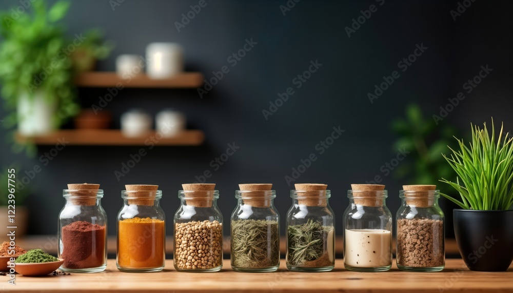 Stylish kitchen display various spices, herbs in glass jars. Natural ingredients displayed neatly on wooden surface against minimalist black backdrop. Modern kitchen decor creates aesthetic space for Stylish kitchen display various spices, herbs in glass jars. Natural ingredients displayed neatly on wooden surface against minimalist black backdrop. Modern kitchen decor creates aesthetic space for