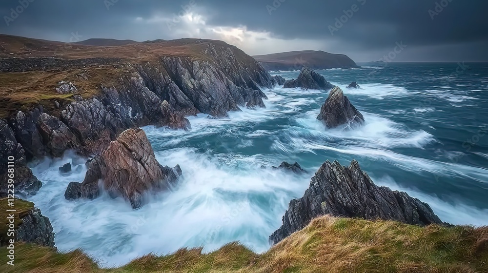 Dramatic coastal scene with rocky cliffs, turbulent ocean waves, and a stormy sky. Dramatic coastal scene with rocky cliffs, turbulent ocean waves, and a stormy sky.