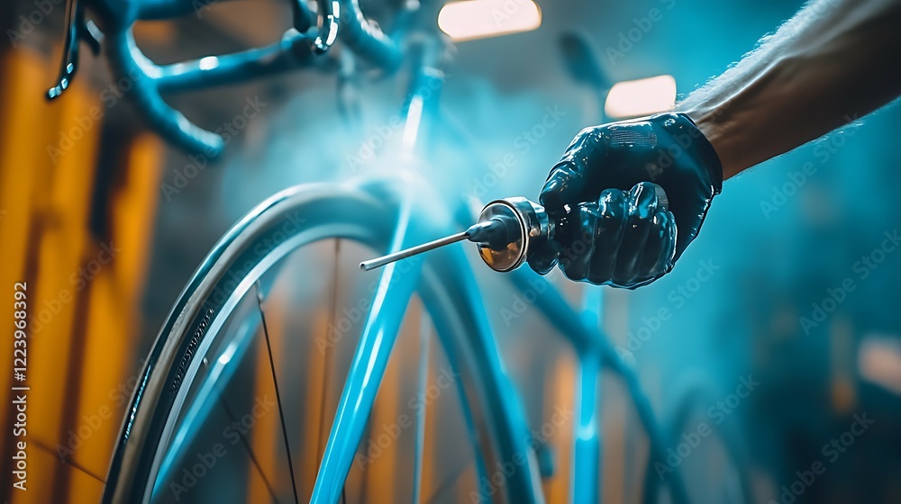 Fototapeta premium Cyclist in blue suit standing near his bicycle at night.