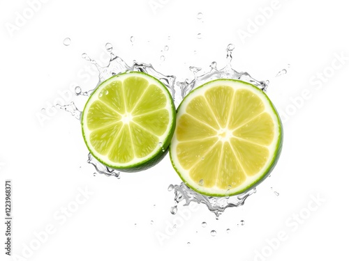 Stopped movement half fresh lime and two slices with lime juice splash isolated on white background burst of freshness, food, healthy