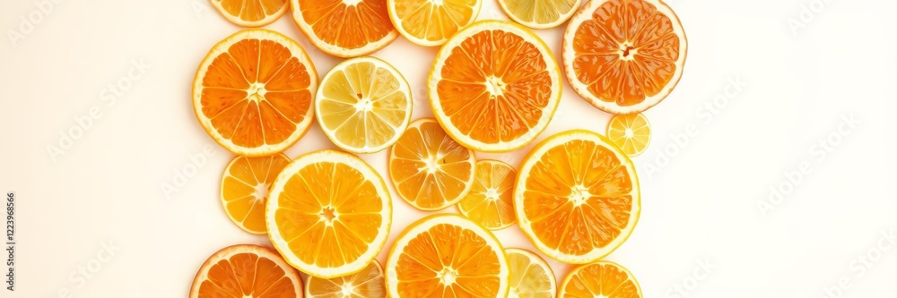 Repetitive arrangement of vibrant orange slices on light background, food pattern concept, slices, light background Repetitive arrangement of vibrant orange slices on light background, food pattern concept, slices, light background