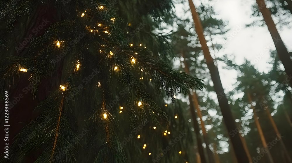 Fototapeta premium Fairy lights on pine, forest path