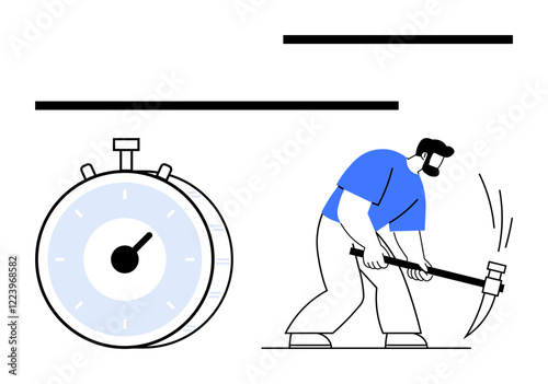 Stopwatch beside man striking with hammer, symbolizing work effort and time. Ideal for productivity, deadlines, efficiency, labor, motivation, time tracking work-life balance. Abstract line flat