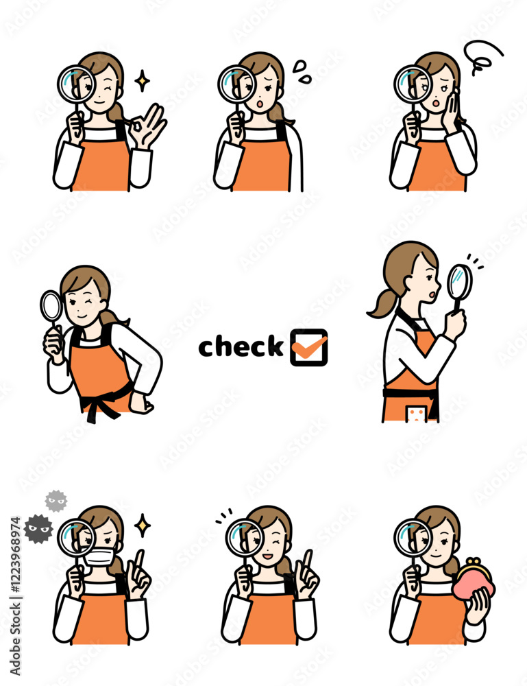 Illustration set of housewife holding magnifying glass.
Illustration set of housewife holding magnifying glass.