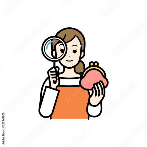 Illustration of image of housewife investigating insurance and saving.
