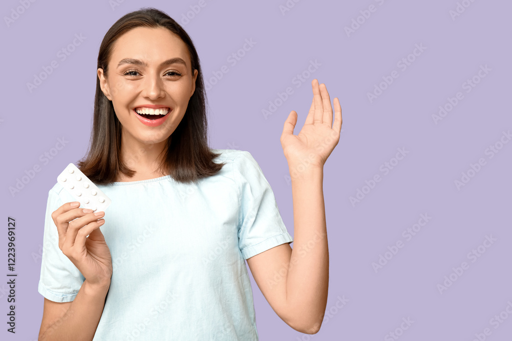 Pretty young woman with pills waving hand on lilac background Pretty young woman with pills waving hand on lilac background