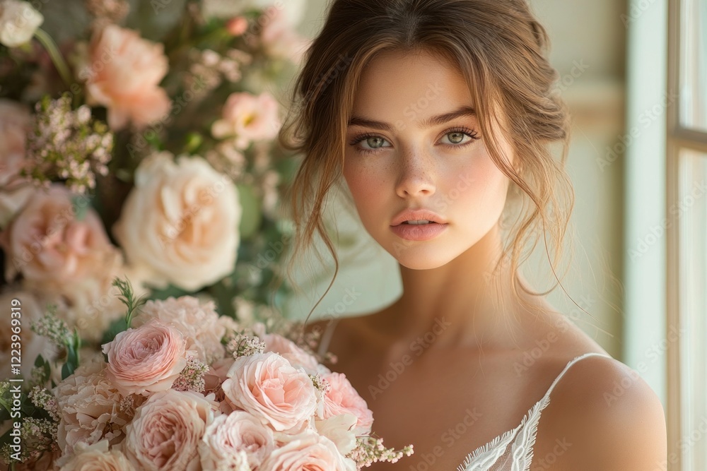 Naklejka premium Bridal Portrait with Bouquet of Pink Roses in Soft Ethereal Style
