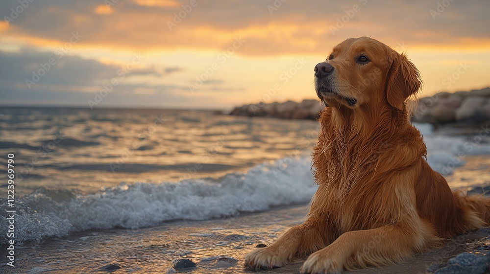 Golden retriever dog relaxing on beach at sunset, gazing at ocean waves. Golden retriever dog relaxing on beach at sunset, gazing at ocean waves.