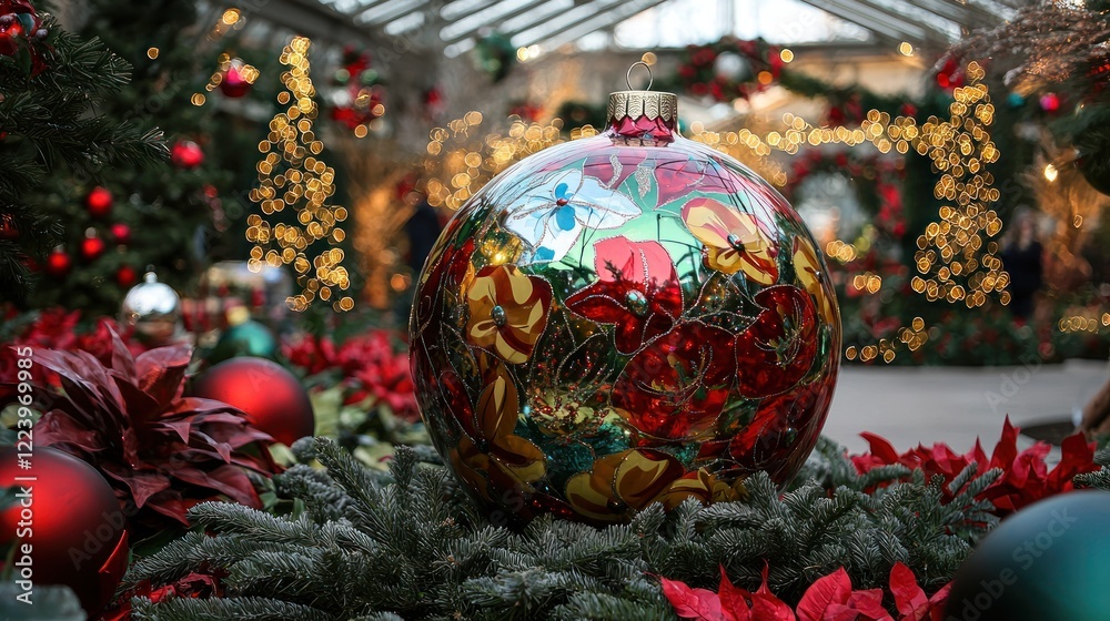 A colorful oversized Christmas ornament surrounded by festive decorations.